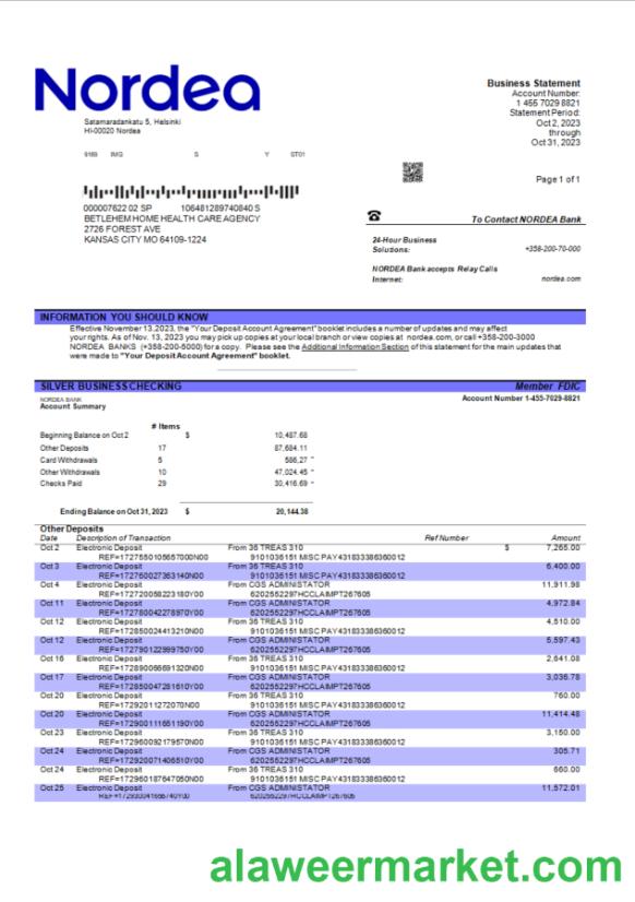 Nordea Bank enterprise checking account statement Word and PDF template